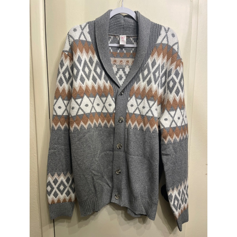North Pole Trading Co Men Cardigan Sweater XL Grey Fair Isle Shawl Collar Button